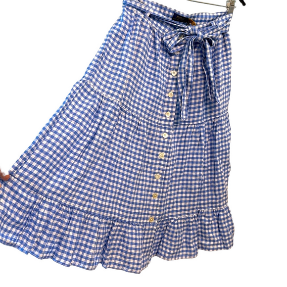 POLO Ralph Lauren Blue Gingham Linen Tiered Ruffle Midi Skirt w/ Pockets Sz 4 - Picture 2 of 15